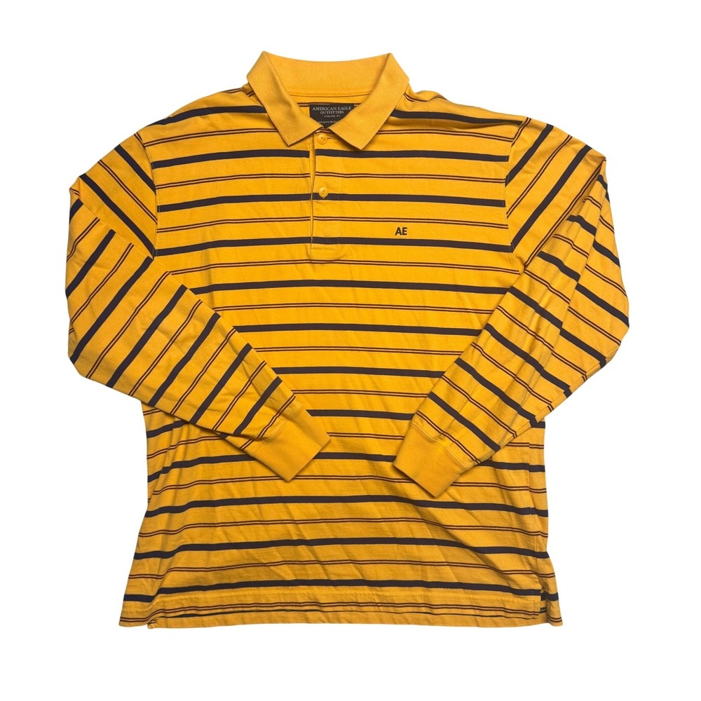 American Eagle Outfitters Mens Vintage 90s Long Sleeve Striped Polo Shirt Yellow